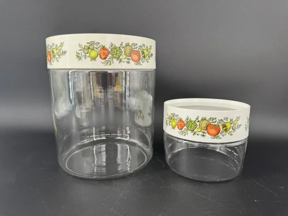 Vintage Pyrex Spice of Life Glass Canister Set 2 White Lids USA Large & Medium